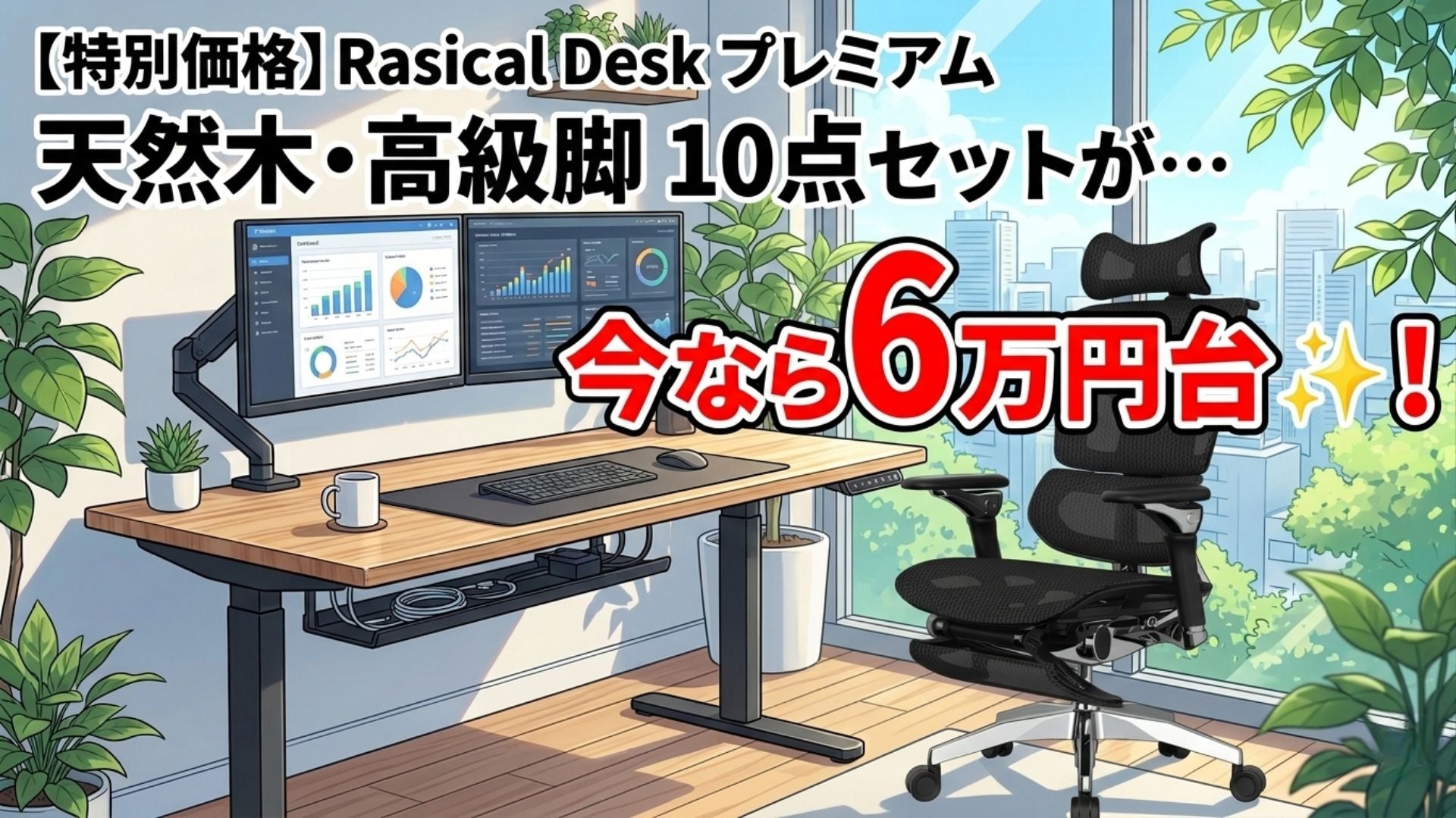 高級天板仕様の電動昇降デスクRasical Desk プレミアム10点セットがアウトレット特価で6万円台前半、デュアルモニターアームを付けても7万円台!