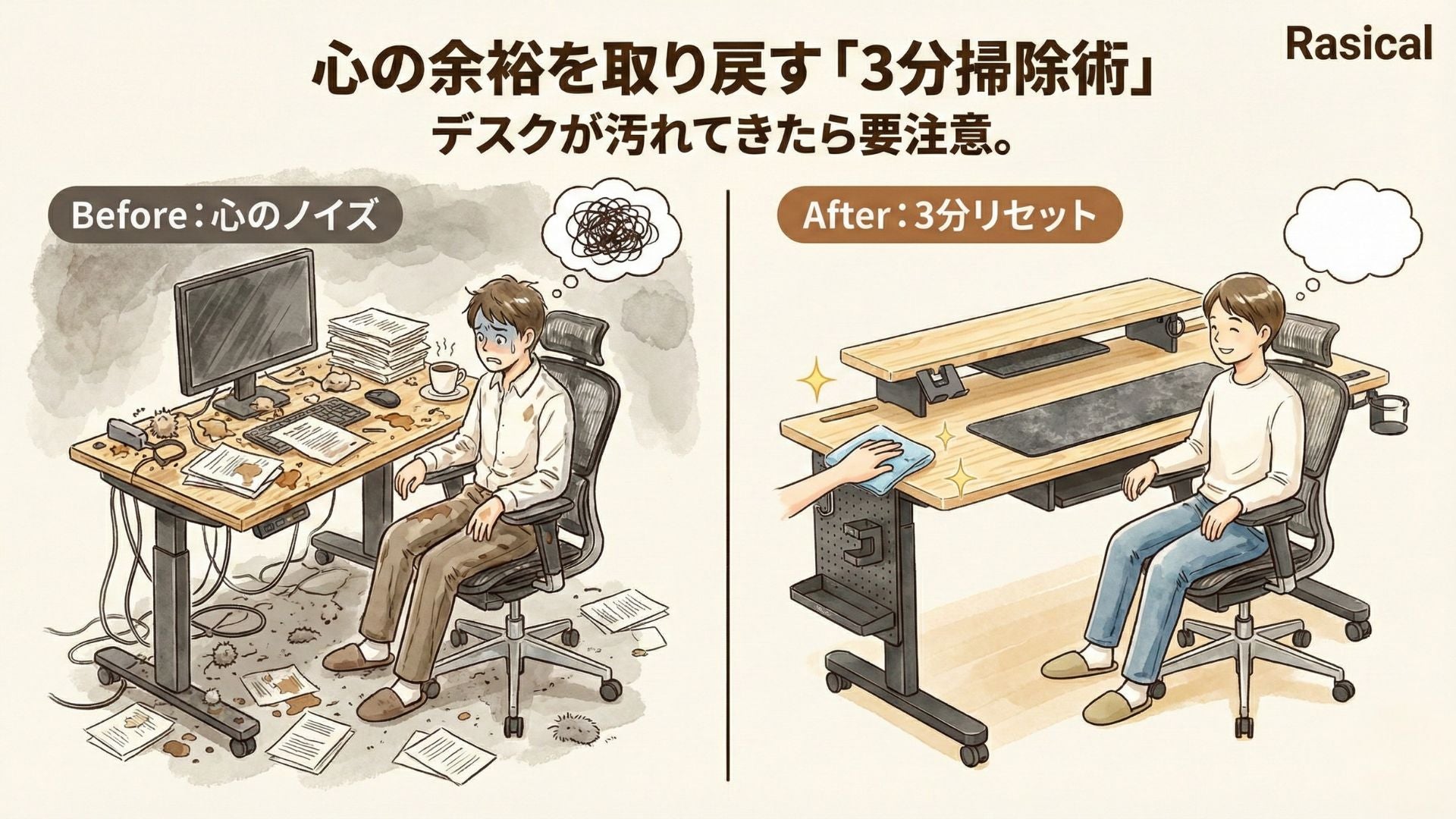 【メンテナンス】デスクが汚れてきたら要注意。心の余裕を取り戻す「3分掃除術」