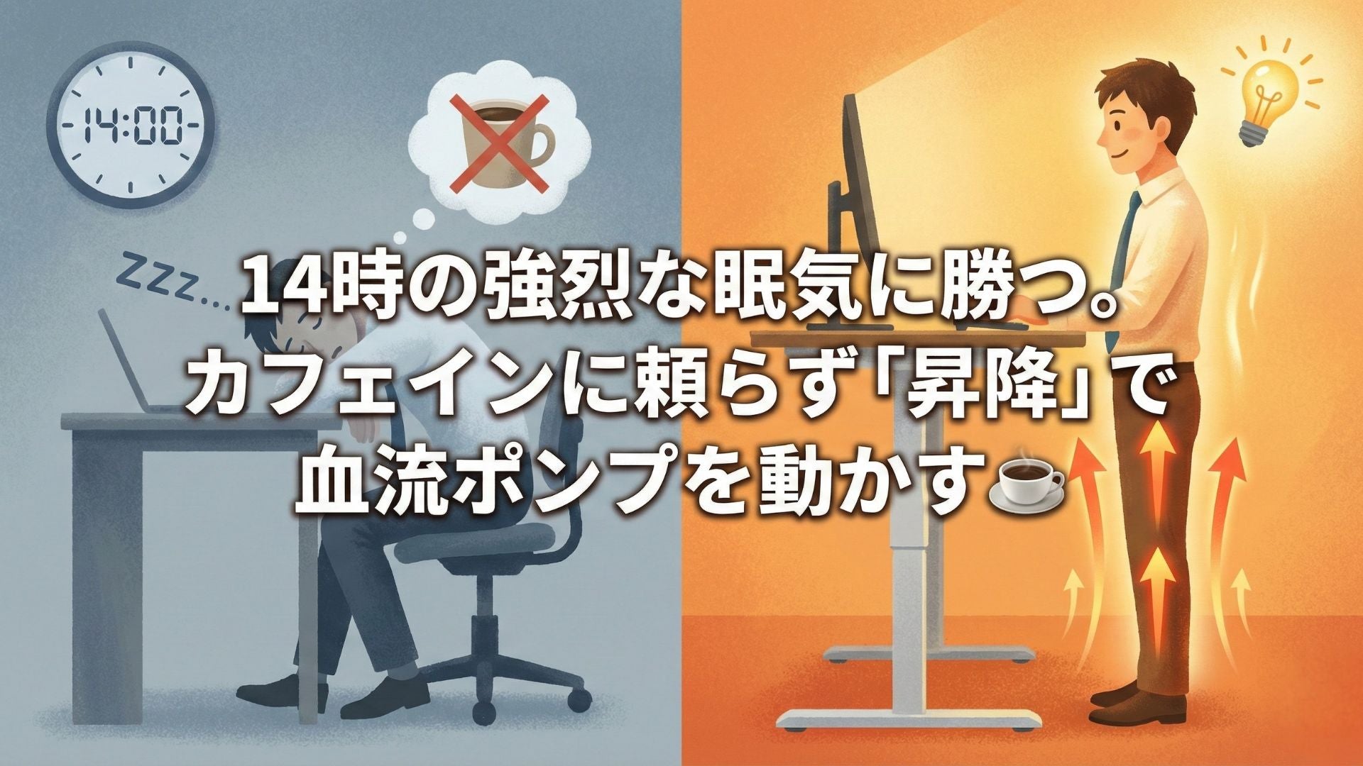 14時の強烈な眠気に勝つ。カフェインに頼らず「昇降」で血流ポンプを動かす☕️