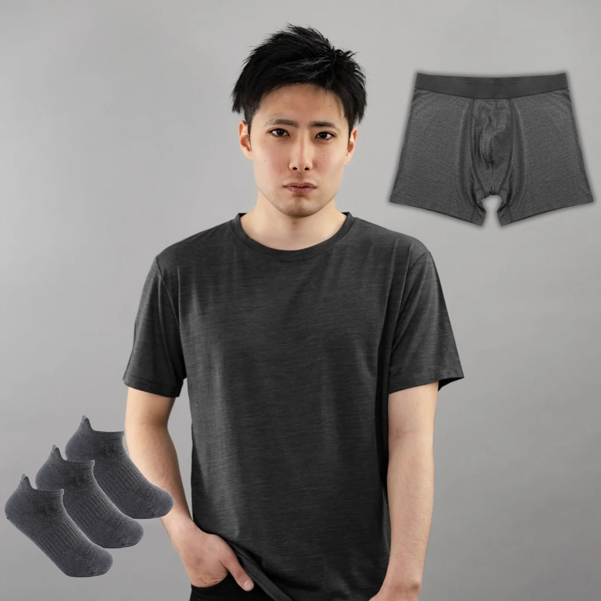 【ウインターセール】冬の最強メンズインナー&防寒3点セット(Tシャツ1枚・ボクサーパンツ1枚・靴下Lサイズ3足)
