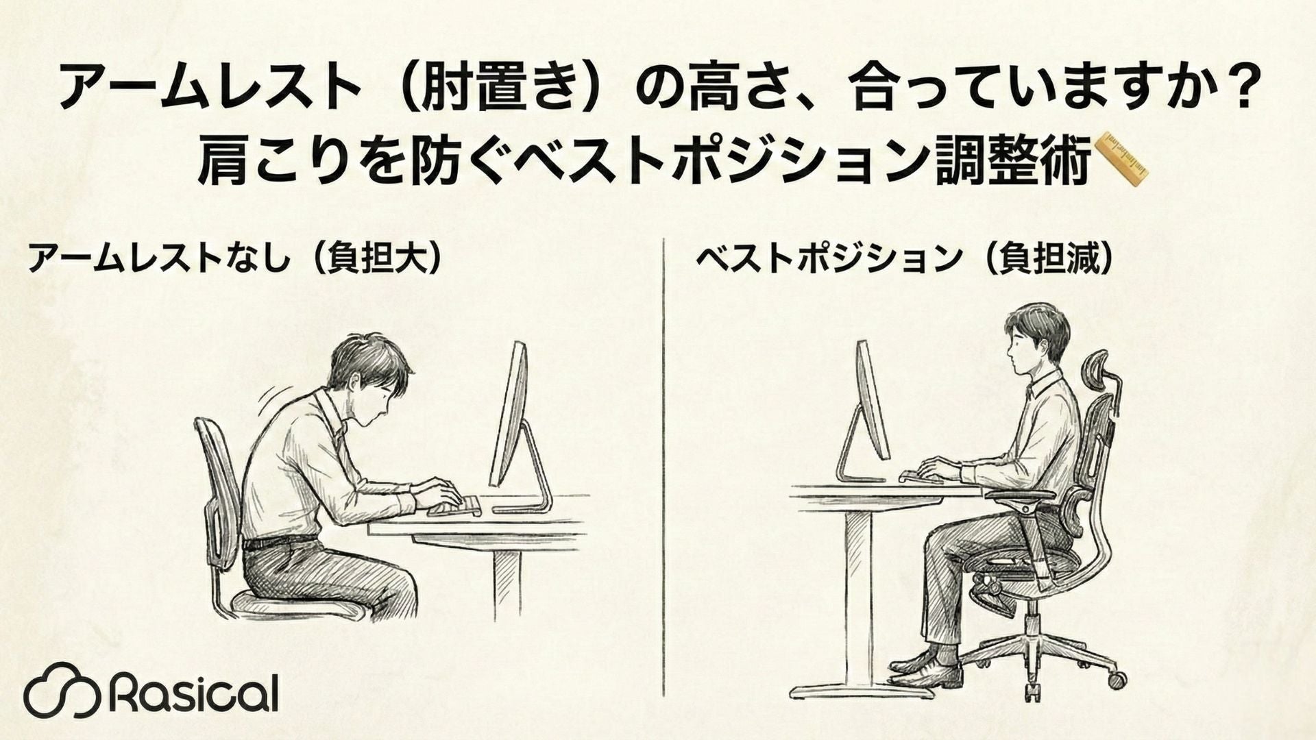アームレスト（肘置き）の高さ、合っていますか？肩こりを防ぐベストポジション調整術📏