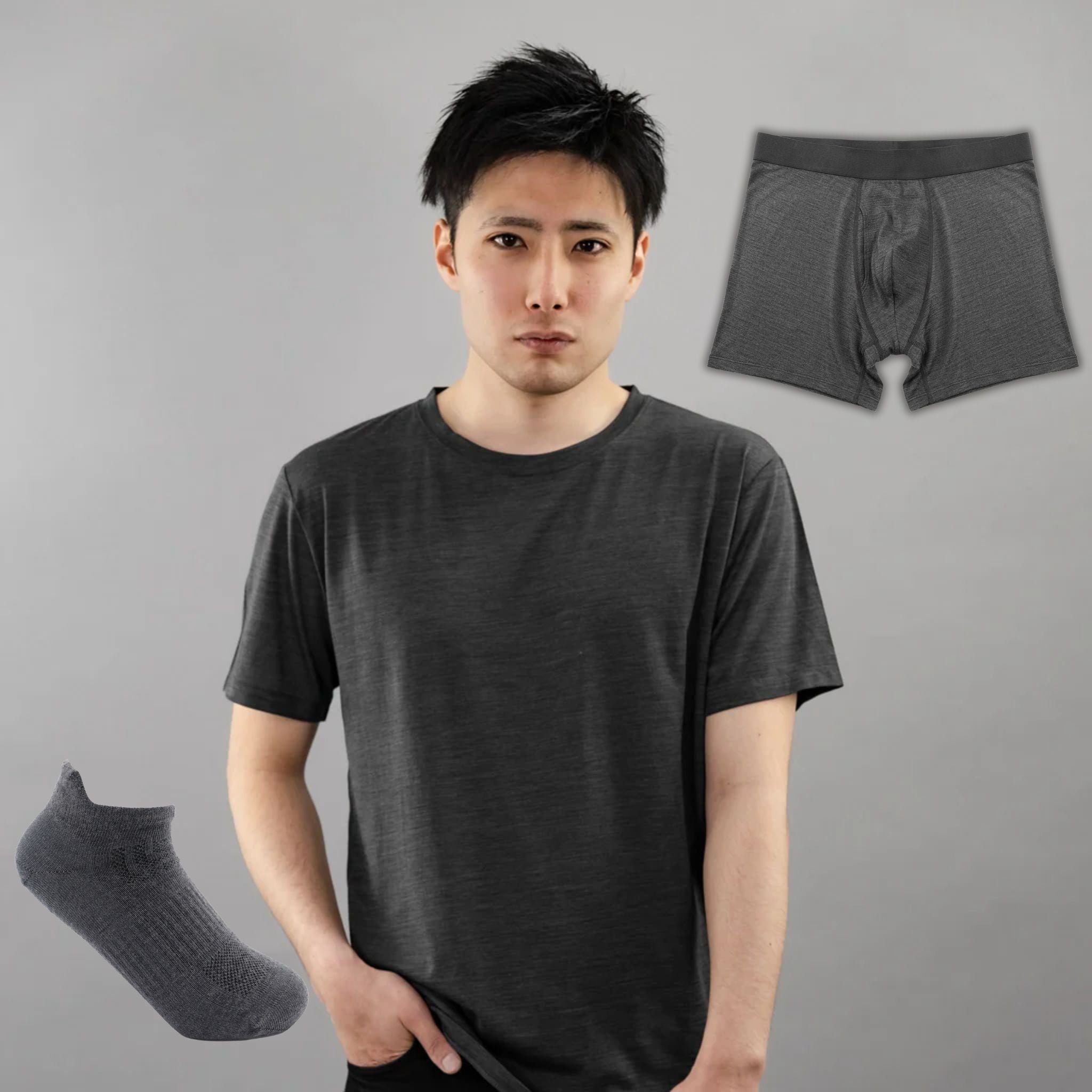 【ウインターセール】冬の最強メンズインナー＆防寒3点セット（Tシャツ1枚・ボクサーパンツ1枚・靴下Lサイズ1足）