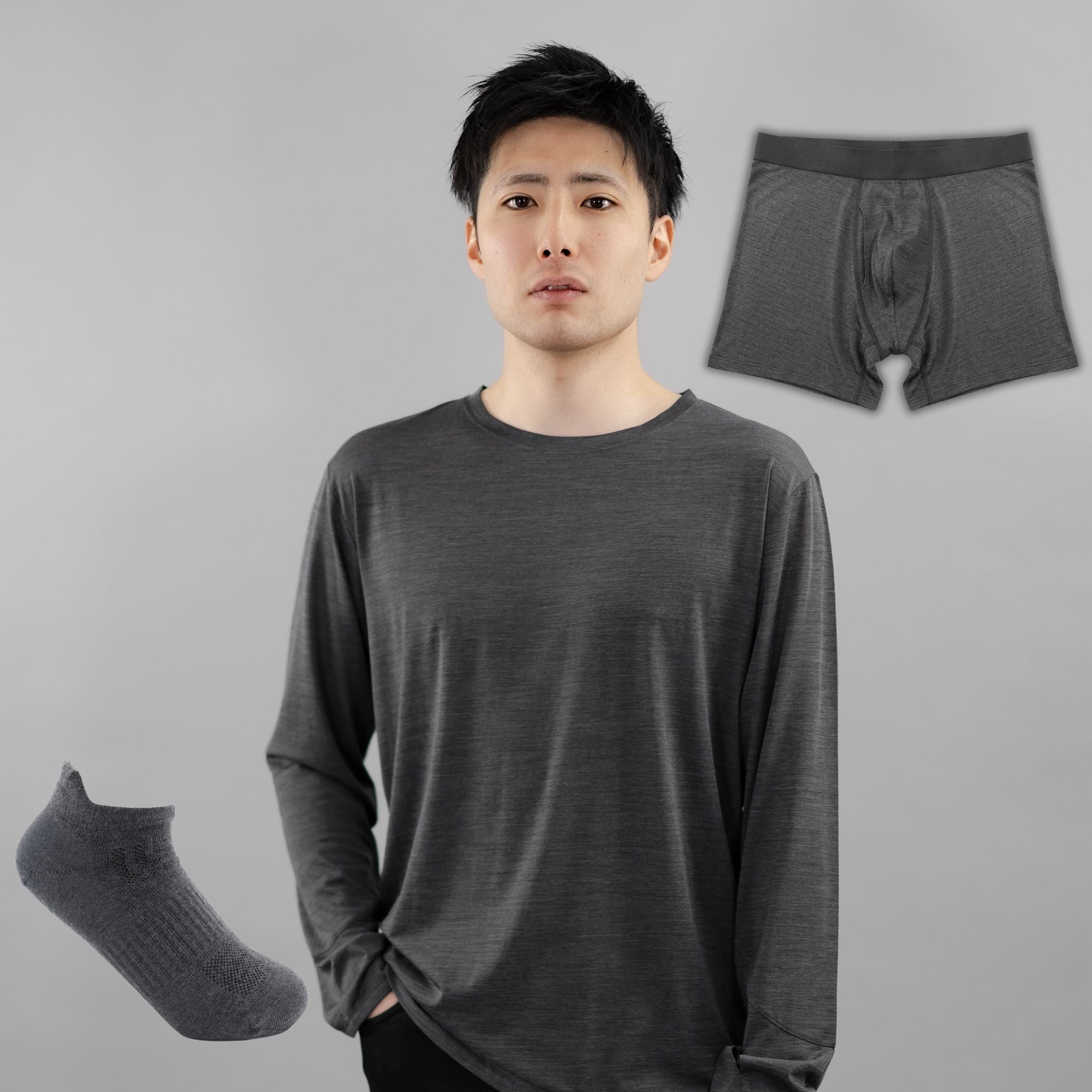 【ウインターセール】冬の最強メンズインナー＆防寒3点セット（Tシャツ1枚・ボクサーパンツ1枚・靴下Lサイズ1足）